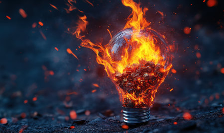 Burning lightbulb, fiery embers, dark background, energy crisis concept, website bannerの素材