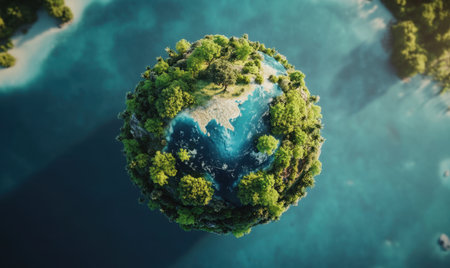Miniature Earth Island, ocean, green, aerial view, environmental conceptの素材