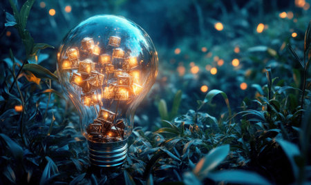 Illuminated lightbulb in foliage, glowing at night; nature concept, website bannerの素材
