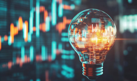 Glowing lightbulb with financial data; innovation conceptの素材