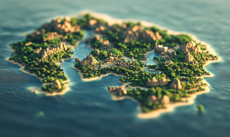 Tropical island aerial view, lush vegetation, ocean, sunset, travel, tourismの素材