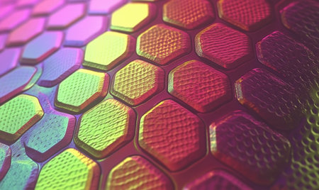 Abstract colorful hexagon pattern, textured surface.  Possible use Background design elementの素材