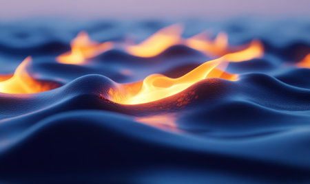 Abstract fire waves, glowing embers, dark blue background, digital art, ideal for designの素材