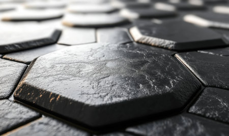 Dark hexagonal stone texture, close-up view, background blurred, ideal for designの素材