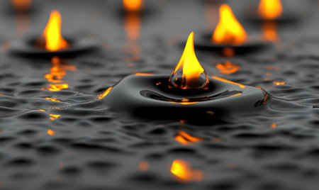 Burning oil droplet on dark liquid surface, abstract background, energy concept, industrial useの素材