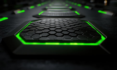 Futuristic hexagonal panels glow green, dark background, technology concept, website bannerの素材