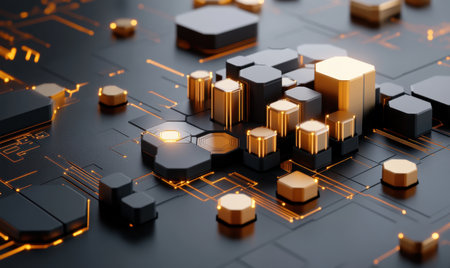 Abstract tech circuit board, gold hexagons, glowing lines, digital background, technology conceptの素材