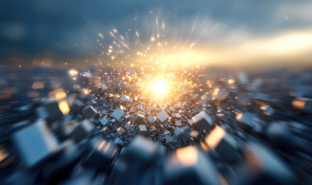 Exploding metallic cubes at sunset; energy, innovation, technology conceptの素材