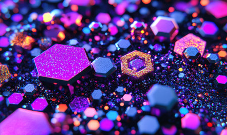 Colorful hexagonal crystals, abstract background, vibrant, digital art, design elementの素材