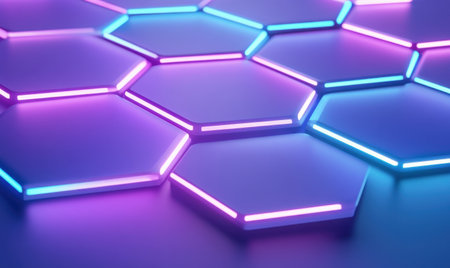 Abstract background of hexagonal geometric shapes with neon lights display useの素材