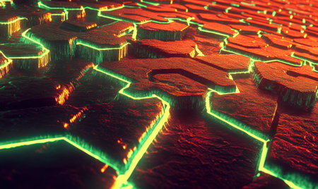 Abstract glowing hexagonal surface, futuristic tech texture, background designの素材