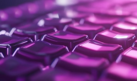 Purple keyboard keys close-up; futuristic tech background; website designの素材