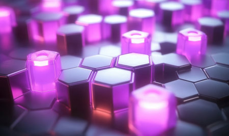 Glowing purple hexagons, abstract tech background, digital art, website headerの素材
