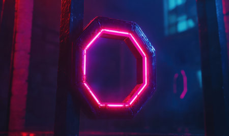 Neon octagon in futuristic city, night, background lights, digital art, for sci-fi game backgroundsの素材