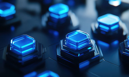Glowing blue hex buttons on dark tech surface; futuristic tech background; ideal for technology conceptsの素材