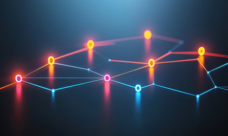 Network data visualization, glowing nodes, abstract background, technology concept, stock photoの素材