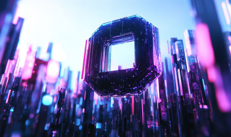 Geometric Shape Amidst Cityscape Futuristic, Urban, Tech Backdrop for Designの素材
