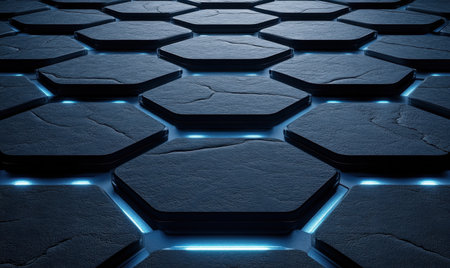 Abstract futuristic hexagonal patterned floor with glowing lines.  Possible use backgroundの素材