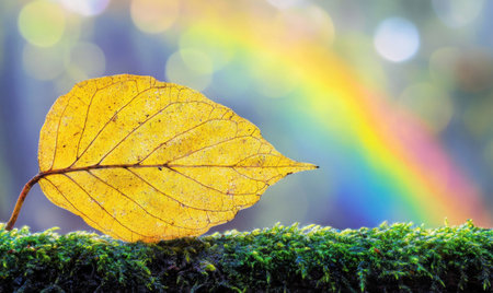 Autumn leaf, moss, rainbow background; nature, hope, serenity, postcard, websiteの素材