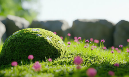 Mossy rock, pink flowers, green grass, sunny day, nature scene, background wall, peaceful landscape, website bannerの素材