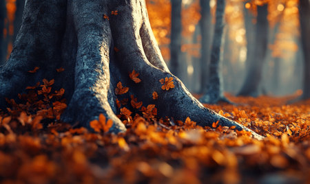 Autumn forest, tree roots, fallen leaves, sunlight, nature background, ideal for seasonal designsの素材