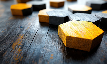 Abstract geometric shapes, wooden hexagons, design, background, 3d rendering, modern, texture, product showcaseの素材