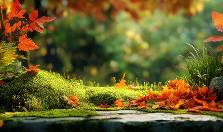 Autumn leaves on mossy forest floor, background bokeh, nature scene, product displayの素材