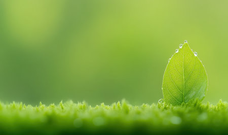 Dew-covered leaf sprouting in lush green moss, nature background; eco-friendly bannerの素材