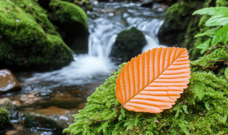 Autumn leaf on moss near cascading streamの素材