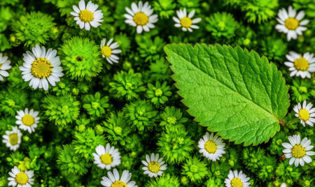 Green leaf on chamomile and moss; nature background; spring freshness; eco friendly; website bannerの素材