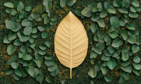 Golden leaf on green moss, nature background,  eco designの素材