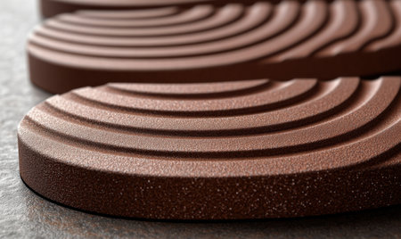 Close-up of two chocolate pieces, textured surface, dark background, food photography, for packagingの素材