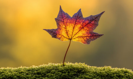 Autumn leaf on moss, sunset background, nature scene, fall cardの素材