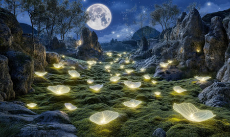 Moonlit path, glowing flowers, mossy valley, fantasy landscape; ideal for fantasy gamesの素材