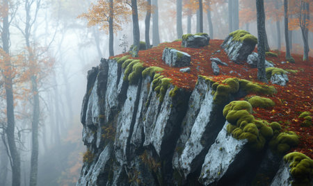Autumnal mossy cliff in misty forest; nature backgroundの素材