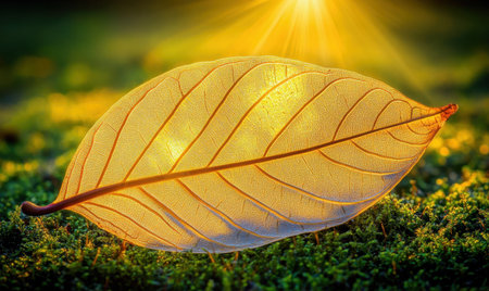 Backlit leaf on moss, sunset background, nature photography, website bannerの素材