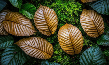 Golden leaves on moss, autumn foliage, nature background, website designの素材