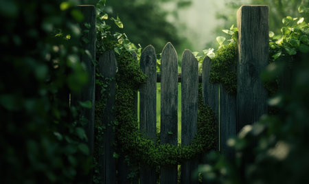 Mossy garden gate, summer morning mist, overgrown plants, tranquil scene, nature photographyの素材
