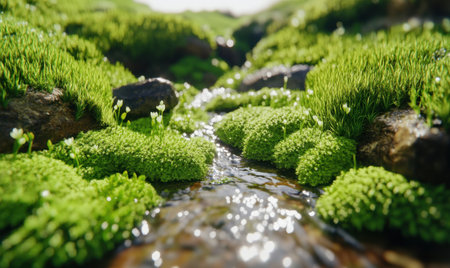 Mountain stream flowing through mossy rocks, sunlight, nature background; website, advertisementの素材