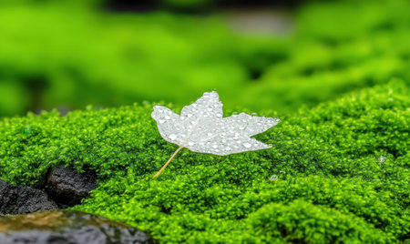 Dewy white leaf on moss, tranquil garden, nature background, serene wallpaperの素材