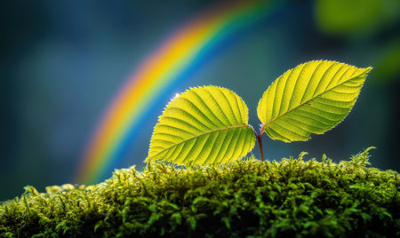 New life, spring leaves, rainbow backdrop, forest moss, nature hopeの素材