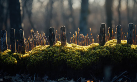 Sunlit moss-covered fence in forest; spring awakening; nature background; ideal for nature websitesの素材