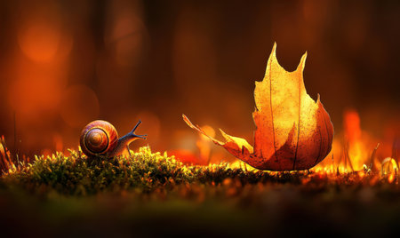 Snail and autumn leaf in forest; sunset background; nature sceneの素材