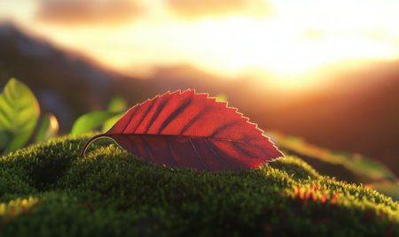 Red leaf on moss, sunset mountains background, autumn nature scene, peaceful mood, ideal for nature, calendar, or website designの素材