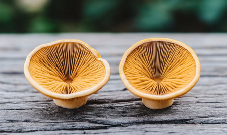 Close-up of vibrant yellow mushrooms split open, showcasing intricate gills on a wooden surface in natureの素材