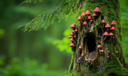 Vibrant red mushrooms growing on a moss-covered tree trunk in a lush green forestの素材