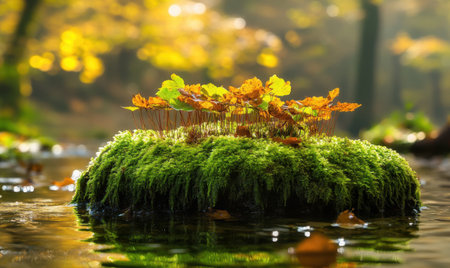A serene forest scene featuring a moss-covered rock surrounded by autumn foliage and a gentle streamの素材