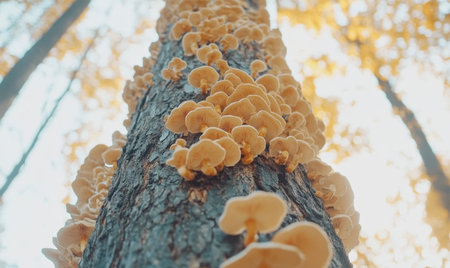 Close-up view of vibrant orange mushrooms growing on a tree trunk in a sunlit forestの素材