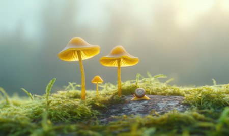 Vibrant yellow mushrooms growing on a mossy log in a serene forest setting at dawnの素材