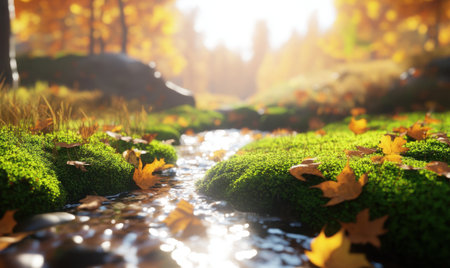 Tranquil autumn landscape with a flowing stream surrounded by colorful foliage and sunlightの素材